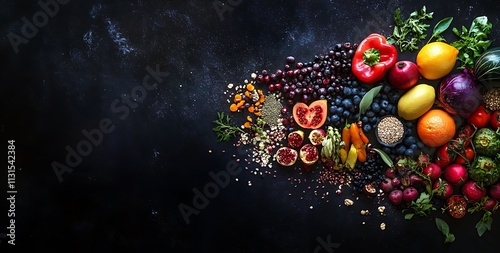 A selection of superfoods such as fruits, vegetables, and grains arranged on a dark surface, with vibrant colors and natural light bringing out their beauty photo