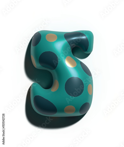 Números 5, 3D estilo globo: verde con puntos beige y verde oscuro figuras volumétricas y brillantes, ideales para diseños festivos y creativos.