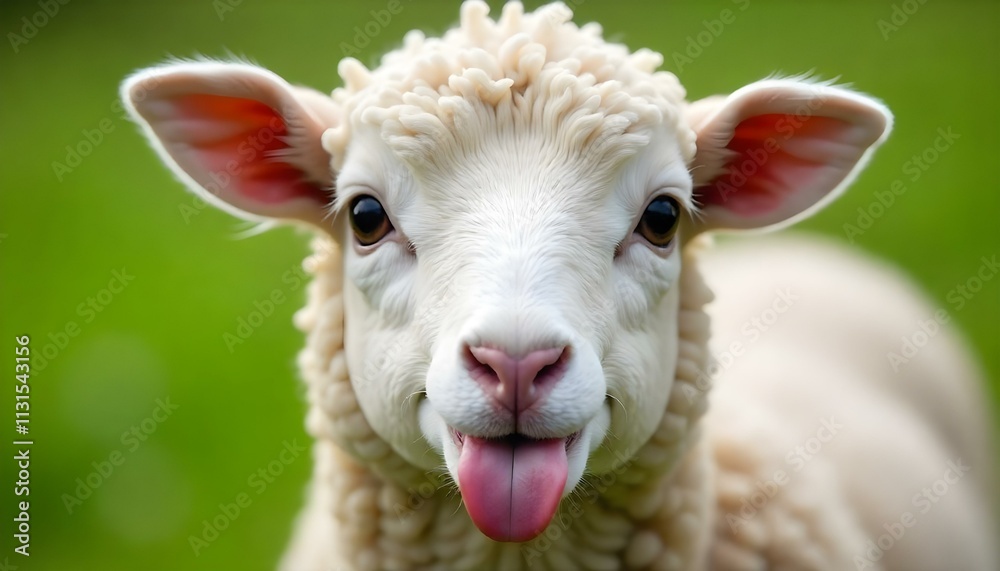Fototapeta premium The image features a close-up of a sheep with a light-colored, fluffy fleece. The sheep has large, expressive eyes and a gentle expression. In a playful gesture, it is sticking its tongue out slightly