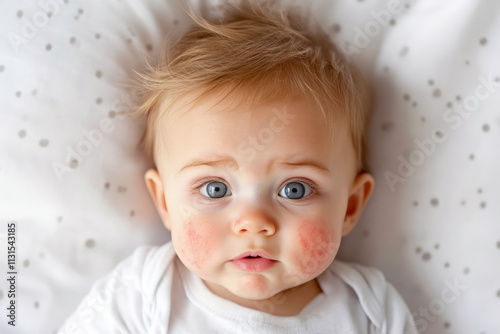 Close-up of a baby, located on a light surface, with visible red spots, a rash on the skin. Skin irritation, diathesis, food allergies in infants. photo