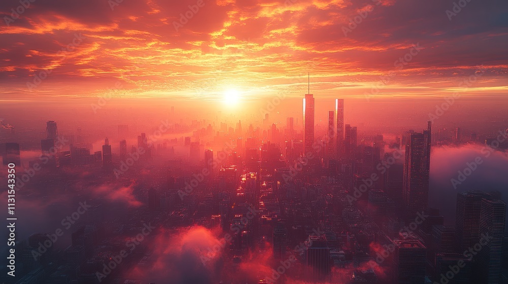 Fototapeta premium Fiery sunset over a sprawling, futuristic city.