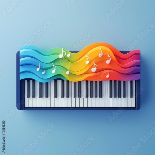 Colorful music waves over piano keyboard design. photo