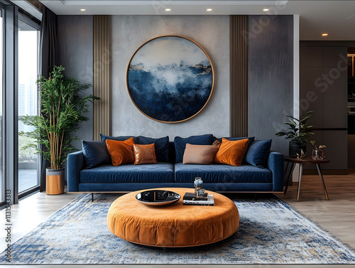 Chic modern living room with a blend of textures and colors including a plush velvet sofa in deep blue a midcentury modern coffee table with gold accents and a larg photo