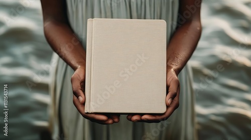 Close-up of a flood victim s hands holding a rescued photo album, flood disaster, emotional recovery photo