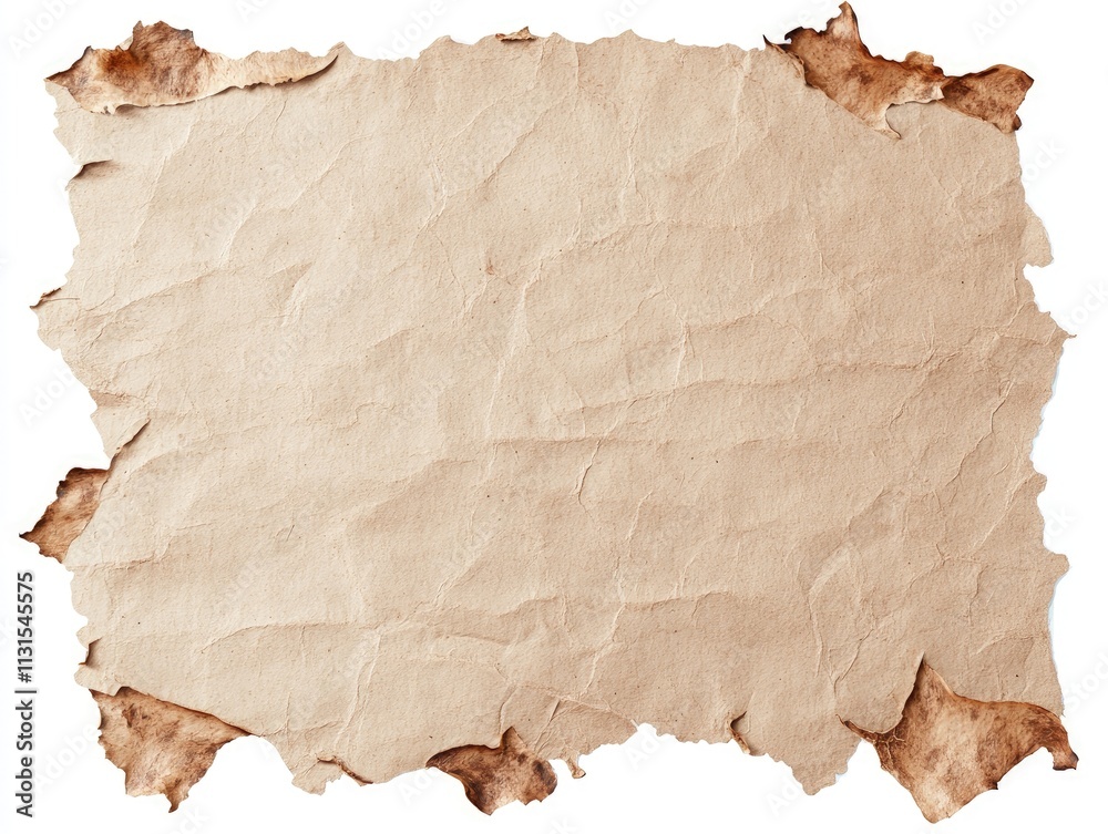 Fototapeta premium Old crumpled paper with burnt edges isolated on a white background.