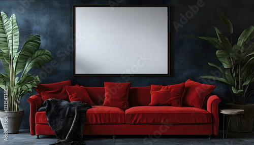 trendy art room dark colours with a big old red couch with a throw over it large blank framed poster on the floor modern Asian street theme