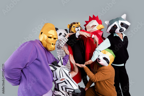 Portrait of zebra gorilla raccoon lion panda sloth rooster mask people arms make circle isolated on grey color background photo