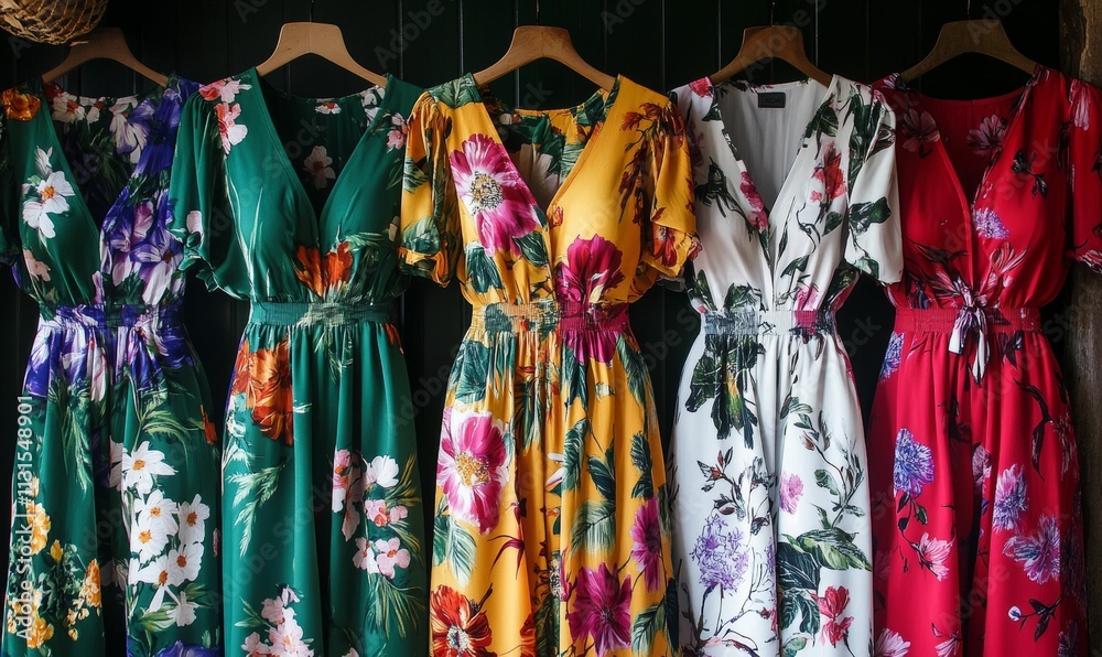 Fototapeta premium Floral dresses hang on wooden hangers.