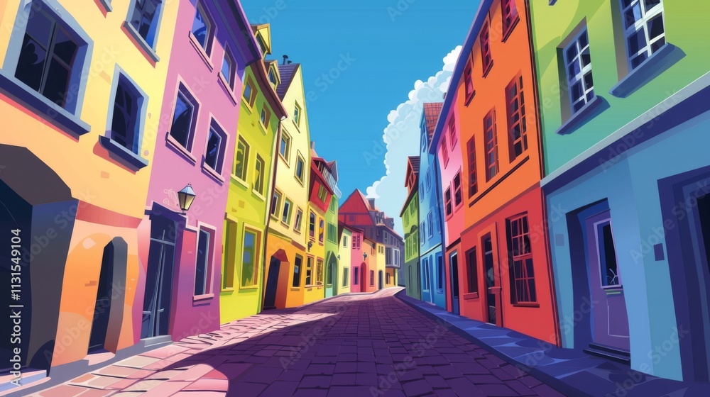 Fototapeta premium A colorful European-style street with vibrant buildings, flower boxes, cobblestone road, and a clear blue sky.