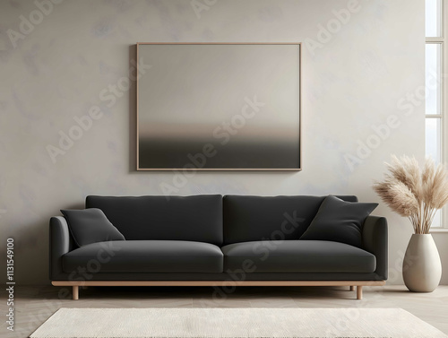 draw a mockup for a painting measuring 127 cm by 1778 cm with a beige frame living room in a modern minimalist style a dark gray sofa photo