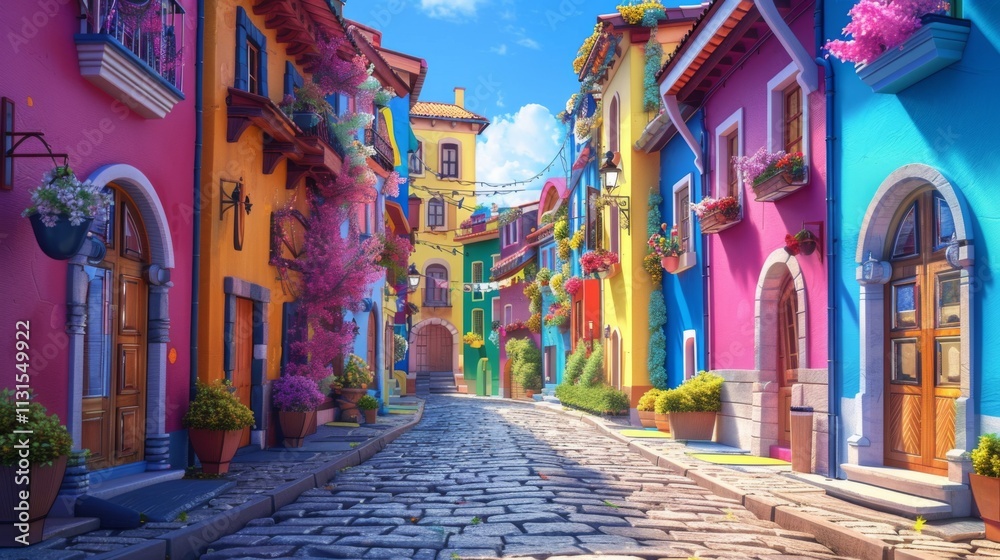 Fototapeta premium A colorful European-style street with vibrant buildings, flower boxes, cobblestone road, and a clear blue sky.