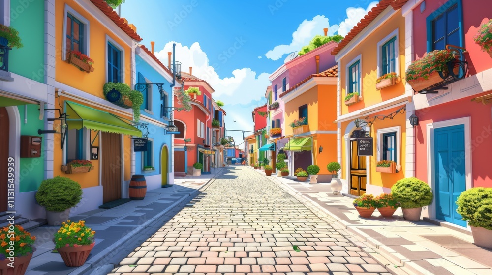 Fototapeta premium A colorful European-style street with vibrant buildings, flower boxes, cobblestone road, and a clear blue sky.