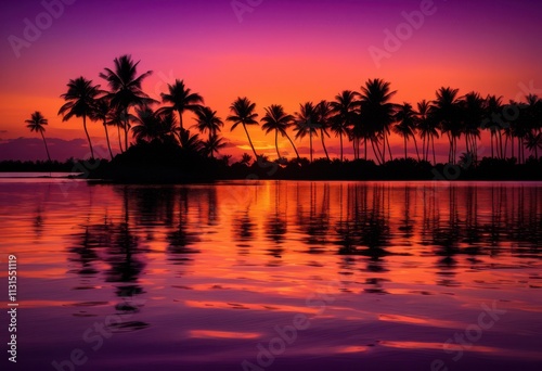 stunning silhouette palm trees framing bright orange purple sunset tropical landscape, beach, sky, horizon, dusk, foliage, nature, scenery, backlight, dramatic