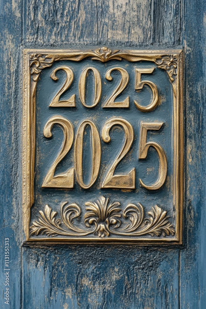 Ornate plaque, year 2025, blue background. Ornate plaque, year 2025, blue background.