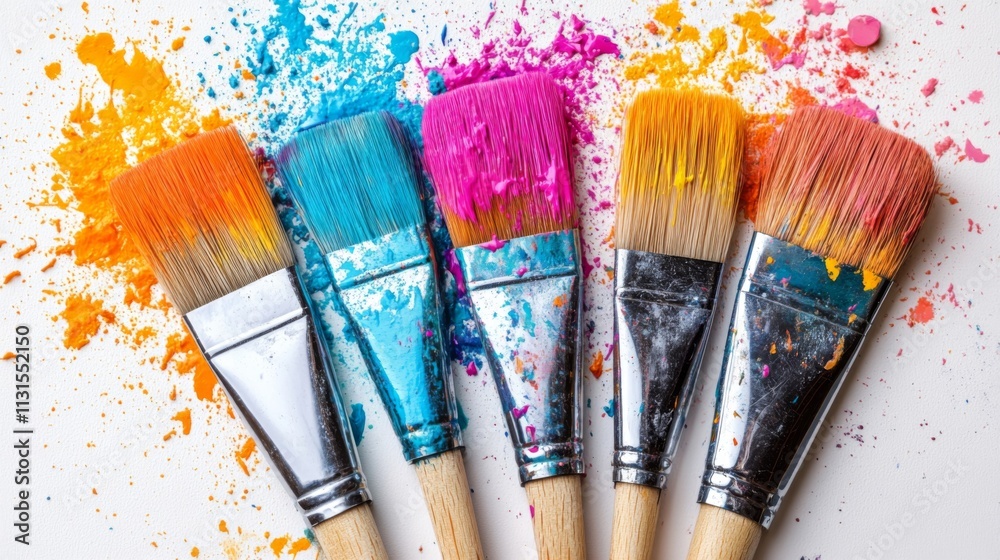 Fototapeta premium Paintbrushes with colorful paint splashes on a white surface