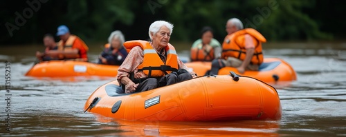 Senior citizens being evacuated in inflatable boats, flood disaster, prioritizing vulnerable populations