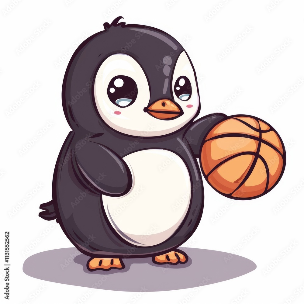 Fototapeta premium cute Penguin playing basket ball cartoon vector icon illustration