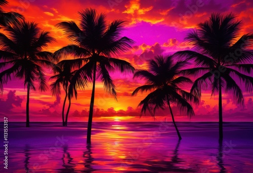 vibrant silhouette lush palm trees glorious sunset providing stunning backdrop colors, leaves, nature, tropical, scenic, sky, horizon, orange, pink, warm