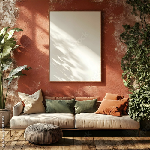 one blank canvass 297 x 420 cm on the wall in a wooden frame Light of sun terracotta wall Some Plants A couch with colered pillows