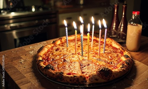 Celebration with pizza and candles at a cozy gathering in a kitchen