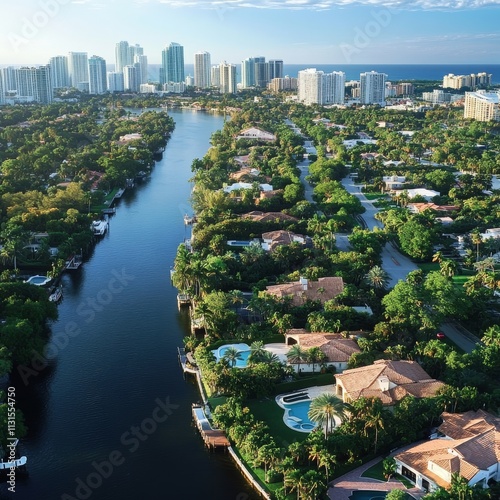 Aerial view of waterfront residences near the forest isolated from the city at Miami, Florida. Wealthy neighborhood with single-family homes near waterway on the left and views of high-rise buildings.