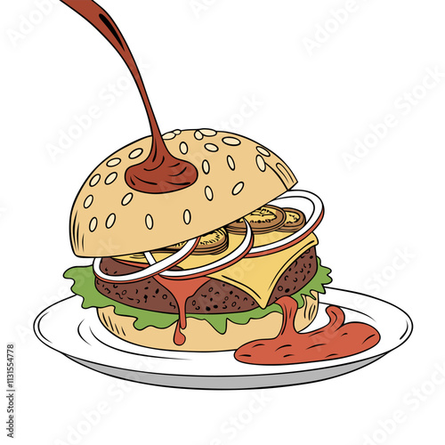 Delicious Cheeseburger With Toppings and Sauce on a White Plate Illustration