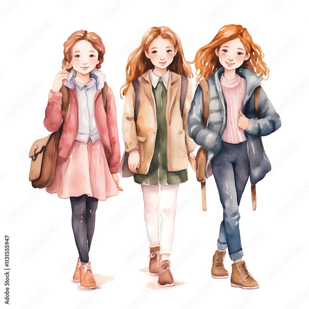 Fototapeta premium Three female students walking together with books and backpacks