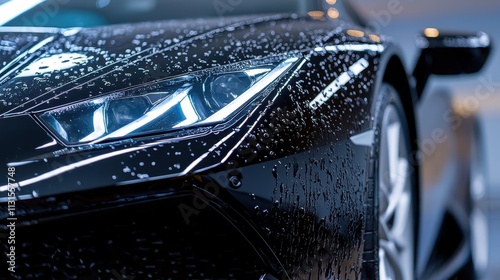 Sleek Black Sports Car Glistening with Water Droplets in Studio Lighting photo