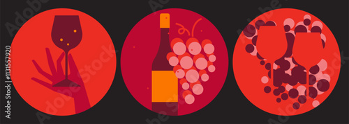 A set of 3 wine tasting illustration. Wine glasses, bottle with grapes. Hand holding wine glass. Collection of wine vector design elements for restaurant menu, invitation for an event, festival, party
