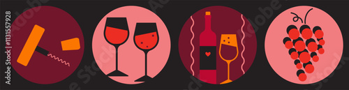 Wine tasting icon set. Wine glasses, bottle, grapes and corkscrew round sticker. Collection of wine vector design elements for restaurant menu, invitation for an event, festival, party. Red and pink