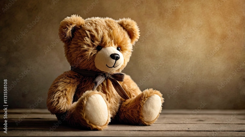 Obraz premium Adorable plush teddy bear: a symbol of childhood, coziness, and warmth, evoking friendship, happiness, and tender memories that warm the heart.