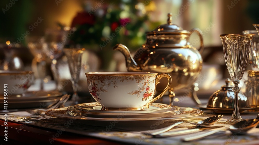 Fototapeta premium Elegant gold teacup, teapot, and silverware setting.