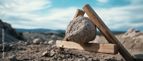 Wallpaper Mural A juxtaposition of a balancing boulder on a wooden lever showcases a blend of nature and engineering in an open landscape. Torontodigital.ca
