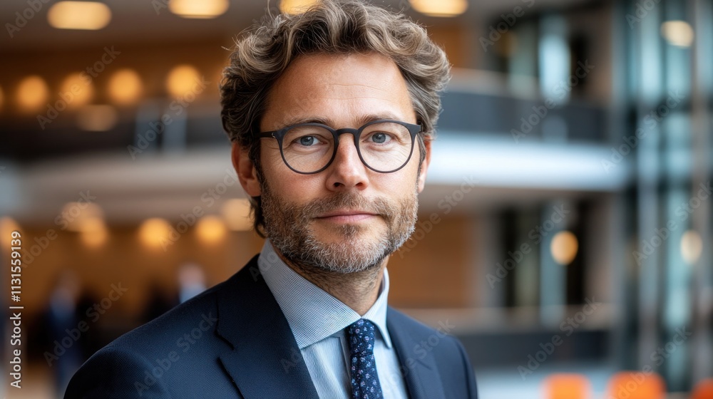Fototapeta premium A well dressed man stands confidently in a modern office, exuding professionalism and engagement