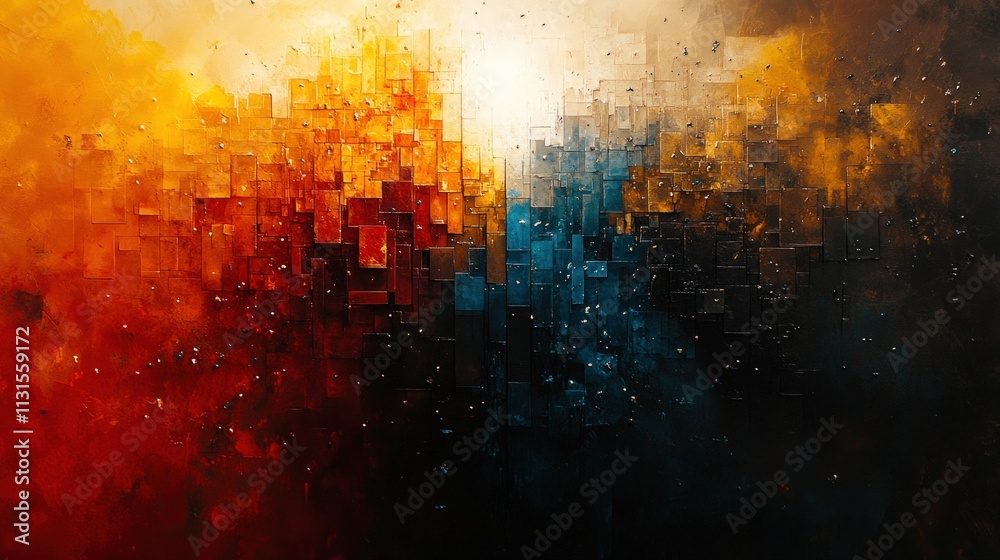 Fototapeta premium Abstract painting; red, orange, blue blocks.