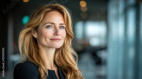 Wallpaper Mural A woman with long wavy hair reflects thoughtfully while standing in a contemporary office Torontodigital.ca