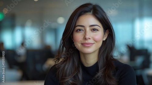 Wallpaper Mural A confident professional with long hair smiles warmly while seated at a desk in a bustling office Torontodigital.ca