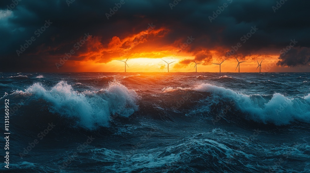 Fototapeta premium Offshore wind turbines rise gracefully from the ocean, their blades outlined by a fiery sunset. Dark clouds loom overhead, while churning waves crash energetically, creating a captivating contrast