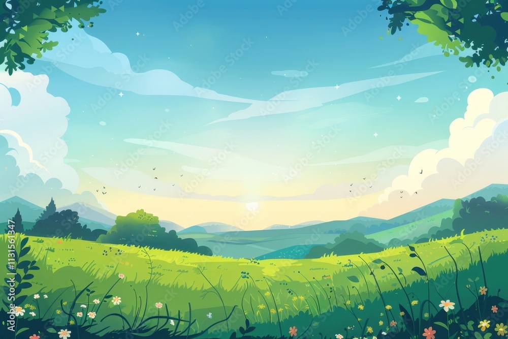 Obraz premium A Colorful Landscape with Green Hills, Lush Grass, and a Sunny Sky