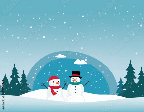 Merry christmas and happy new year greeting card with snow product display cylindrical shape copy-space and Cute snowman standing in winter christmas landscape snow falling