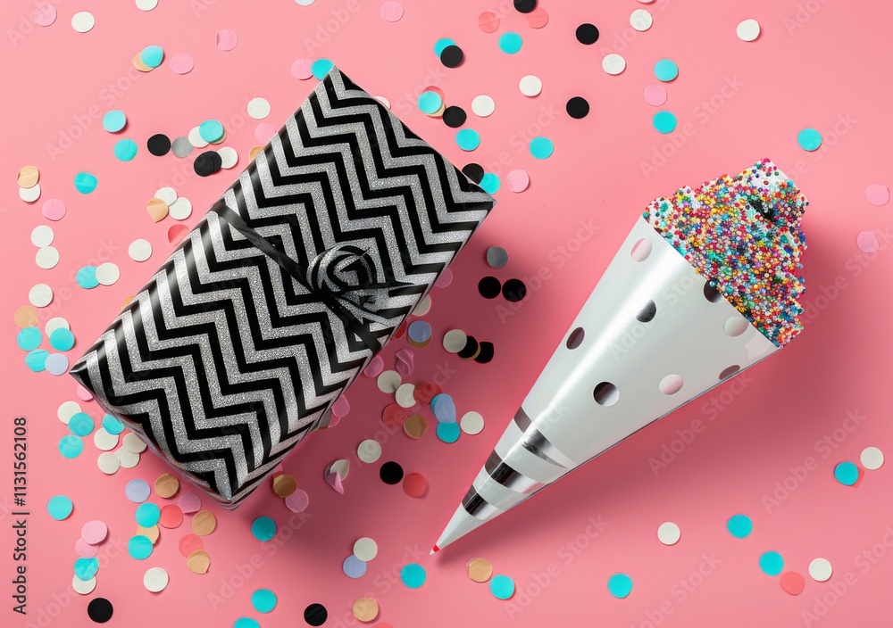 Obraz premium Cheerful festive background scene featuring a cute gift with ribbon and confetti celebratory streamers.