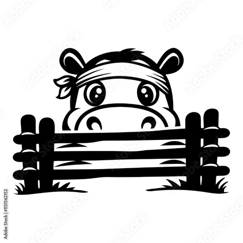 Playful Hippo Peek-a-Boo: A charming illustration of a blindfolded hippopotamus playfully peeking over a wooden fence, perfect for children's books, greeting cards, and apparel.  