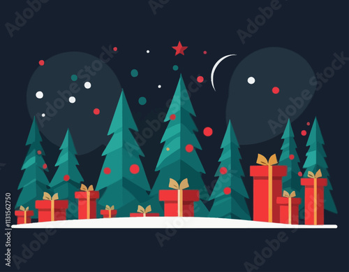 Merry Christmas and happy new year banner with red product display cylindrical shape and christmas tree and Light art decoration