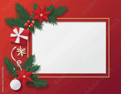 Merry Christmas sign banner frame with empty space and festive decoration on red background