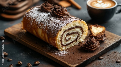 Delicious chocolate swiss roll cake on wooden board with coffee. photo