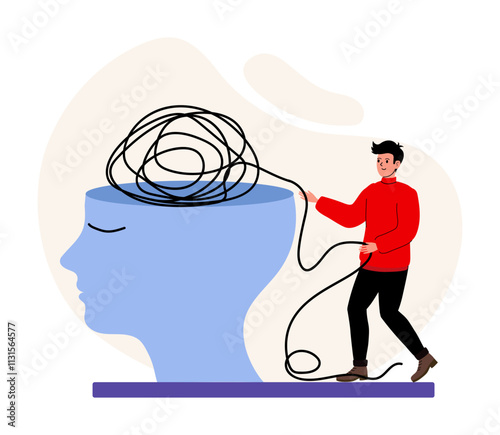 Mental clarity journey with a figure untangling thoughts represented by a blue head