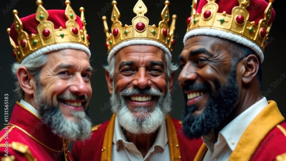 Obraz premium Three joyful, diverse men wearing gold crowns and red robes smile broadly, representing a modern take on the Three Kings of Epiphany. Concept of Three Kings Day, modern interpretation.