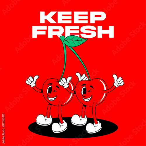 Retro fruit cartoon characters. Vintage comic mascot of cherry with winking eye and happy smile face. Cherry character vector. Retro mascot character