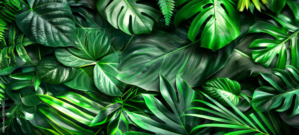 Fototapeta premium Top view of fresh tropical leaves spread out. Concept of lush greenery, exotic plants, nature background, vibrant foliage. Botanical elements, nature design, rainforest decor. Banner. Copy space