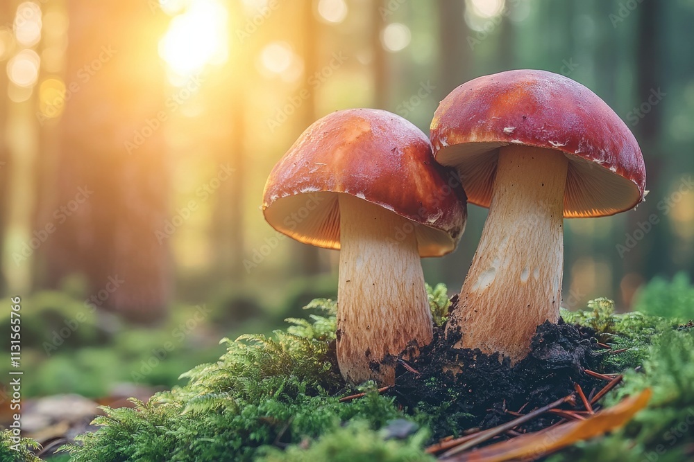 Fototapeta premium Two red capped mushrooms growing amid green moss in a sunlit forest during autumn